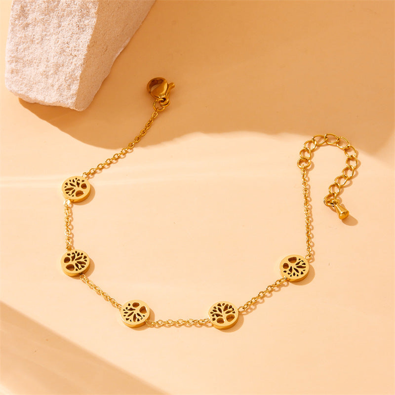 Set di collana, orecchini e bracciale con ciondolo tondo ad albero placcato in acciaio inossidabile, stile chic da ufficio minimalista