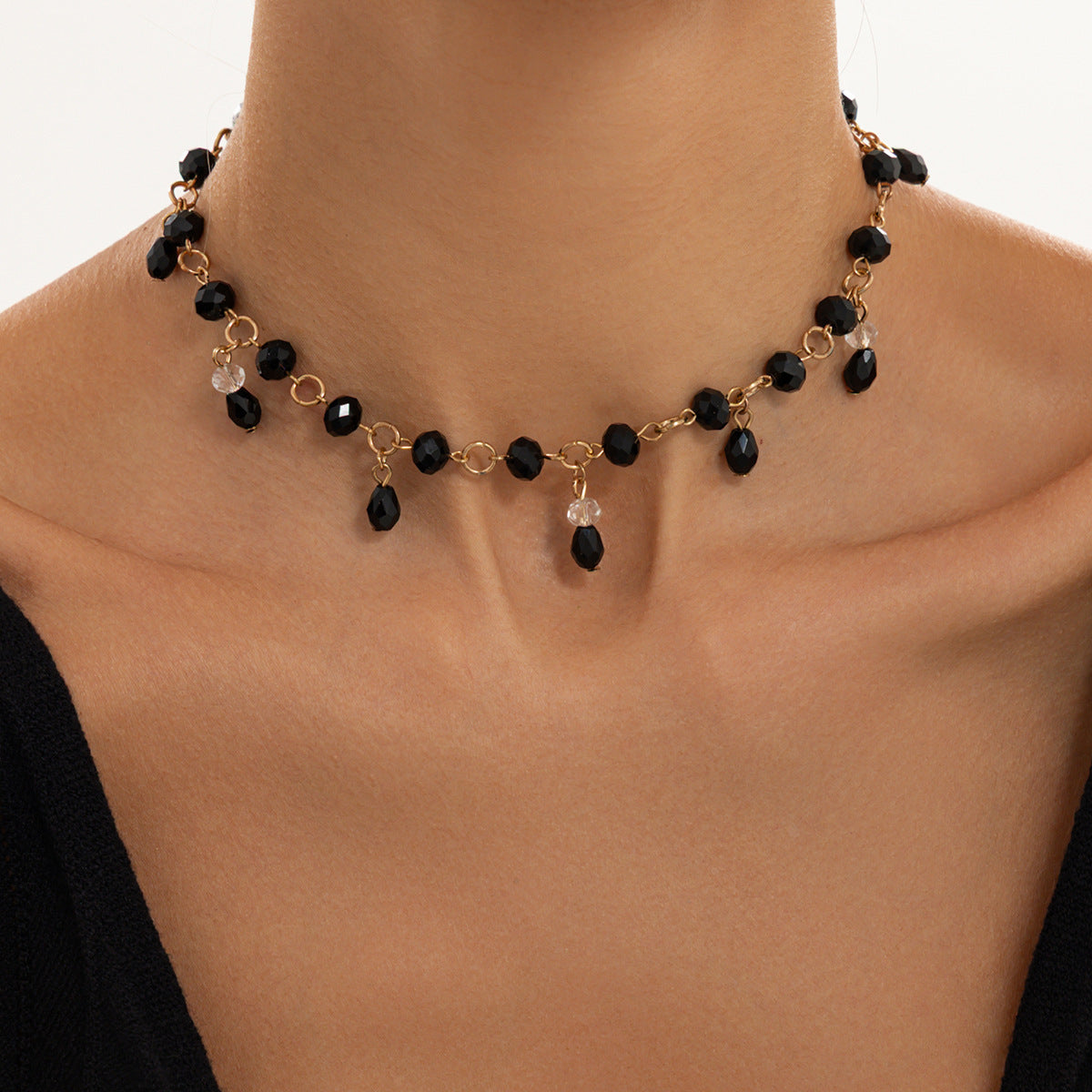 Sweet Vintage Teardrop Crystal Pendant Necklace with Tassel Plated Cable Chain for Women