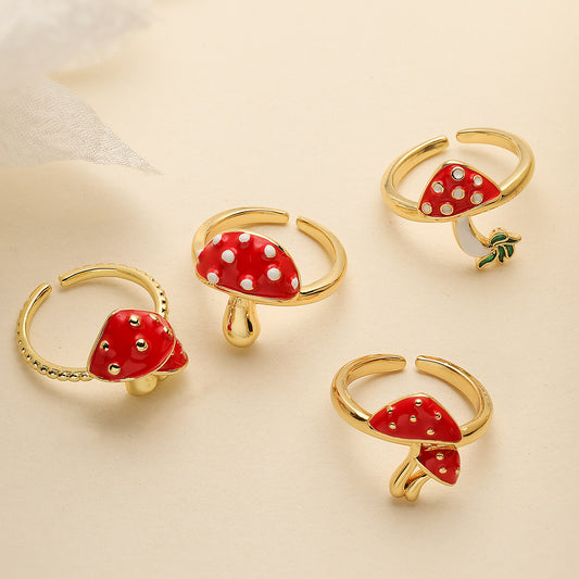 Anello da donna minimalista a forma di fungo in rame con placcatura in oro 18K e finitura smaltata