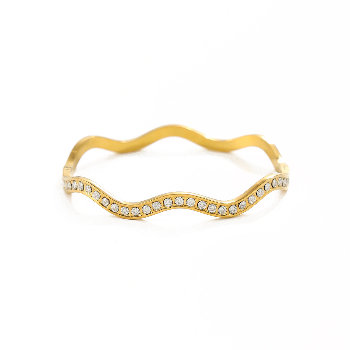 18K Gold Plated Stainless Steel Geometric Round Rhinestone Inlay Spring Bangle Bracelet