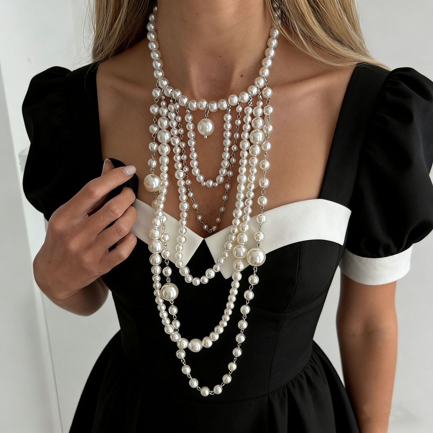 Collana a strati da donna con catena a sfera, perle barocche vintage francesi, croce geometrica