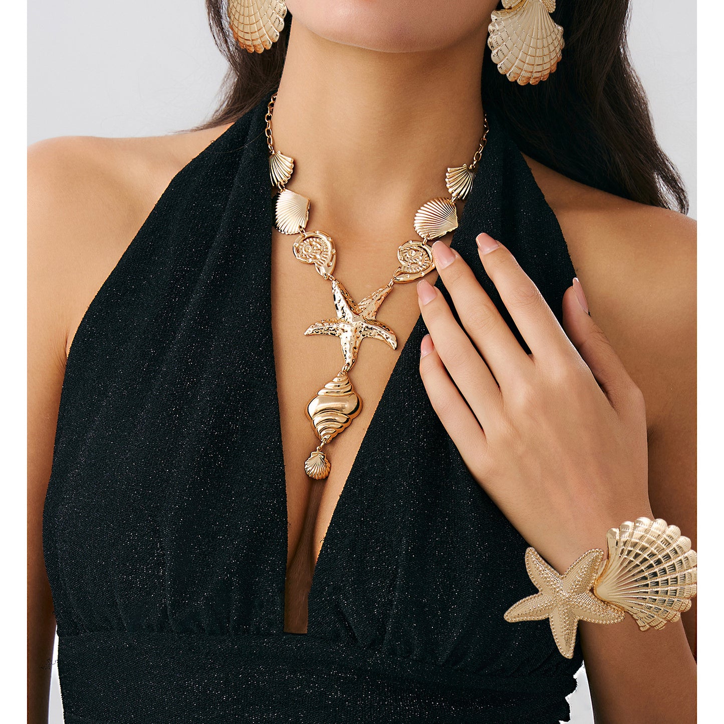 Collar con dije de estrella de mar y conchas marinas, collar con colgante en Y de aleación con acabado chapado, joyería estilo bohemio con temática oceánica para mujer