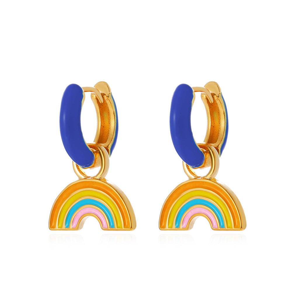 Orecchini da donna in lega con cuore arcobaleno minimalista a strisce effetto olio a goccia