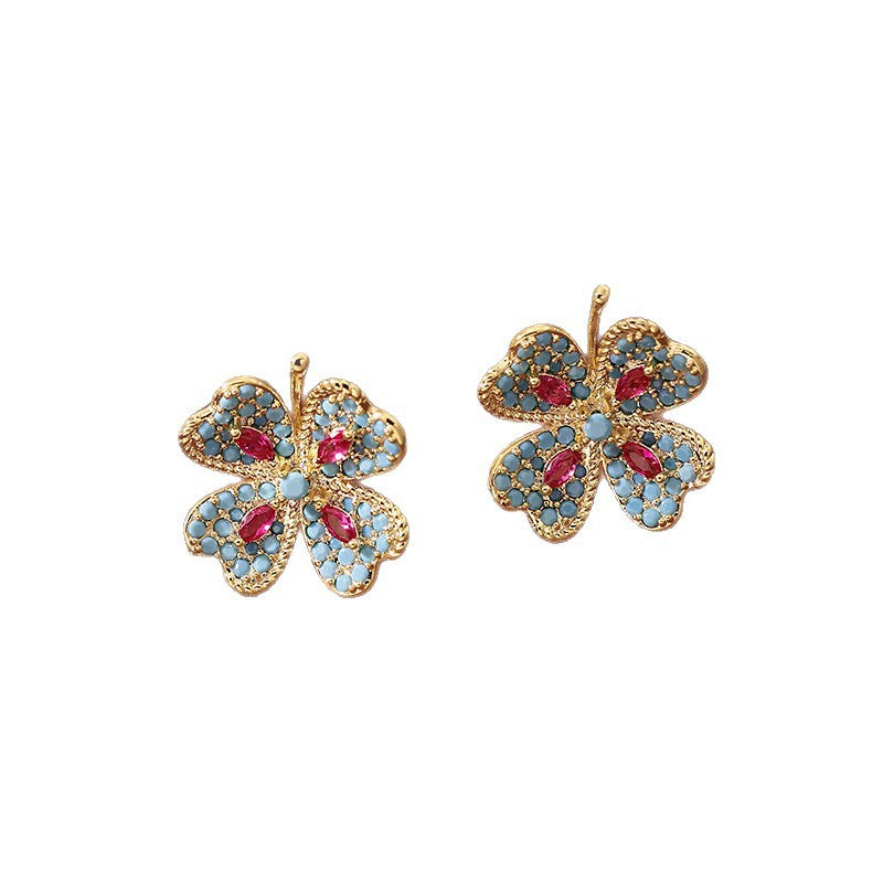 Orecchini a perno floreali in stile vintage con intarsio in strass su base in lega e perni in acciaio inossidabile da donna