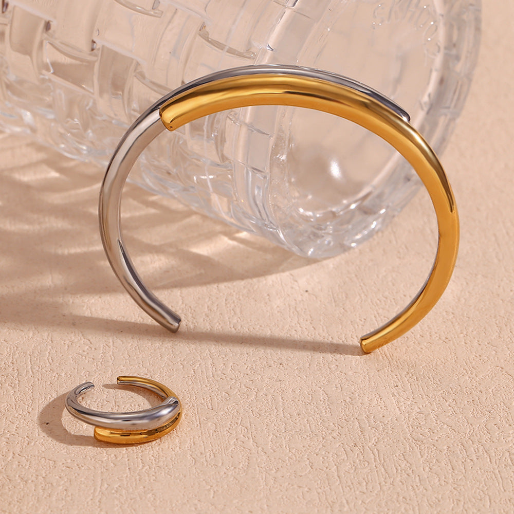 Bracciale rigido aperto da donna in acciaio inossidabile placcato oro 18 carati a doppio strato geometrico minimalista intrecciato