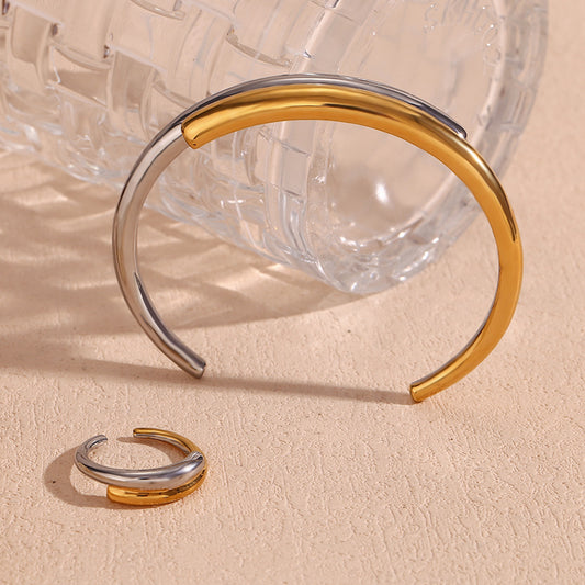 Pulsera abierta de doble capa entrelazada para mujer de acero inoxidable chapado en oro de 18 quilates con diseño geométrico minimalista y a la moda