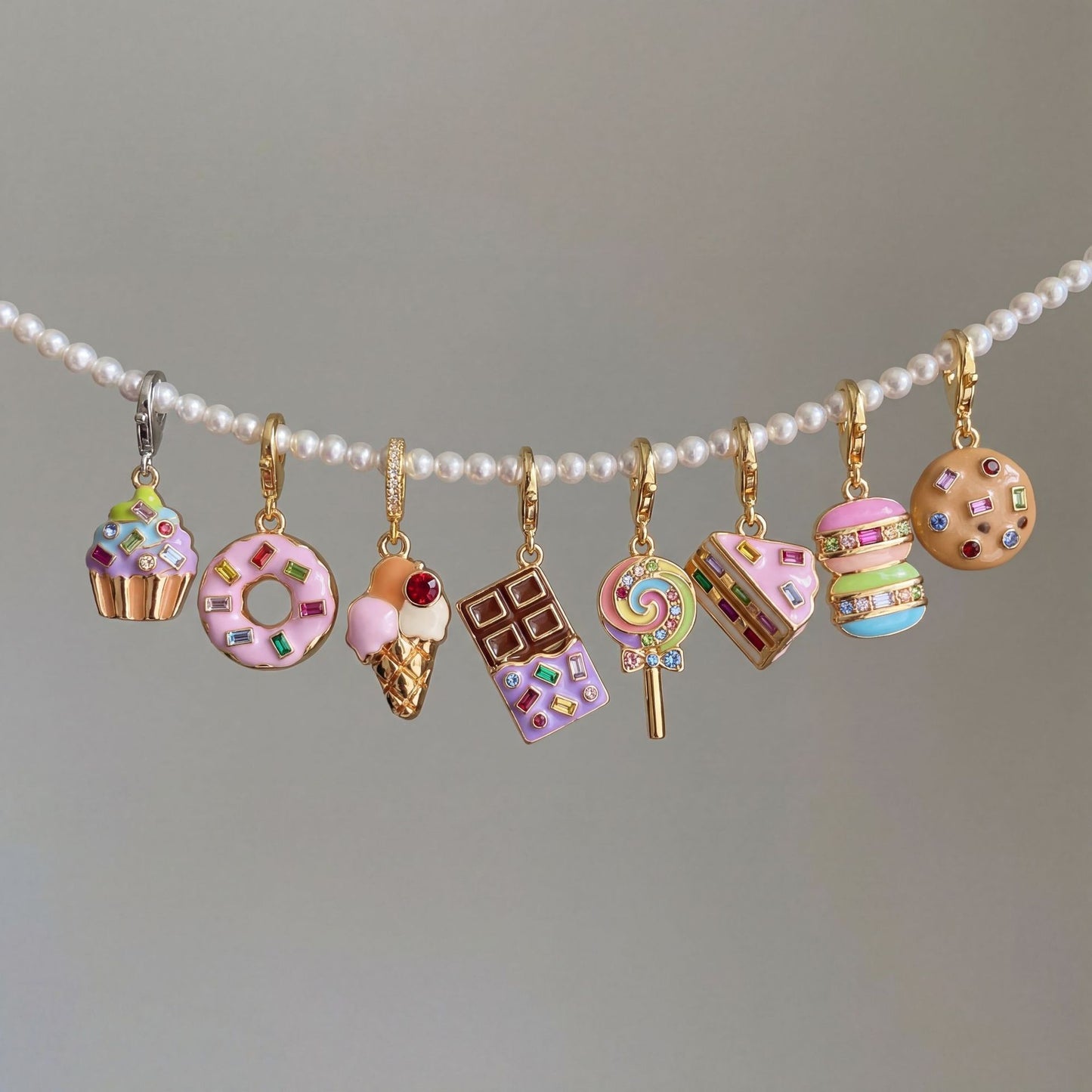 Collana pendente in ottone con ciondolo a barra a goccia dipinto a olio placcato oro 14K vintage con dessert cibo