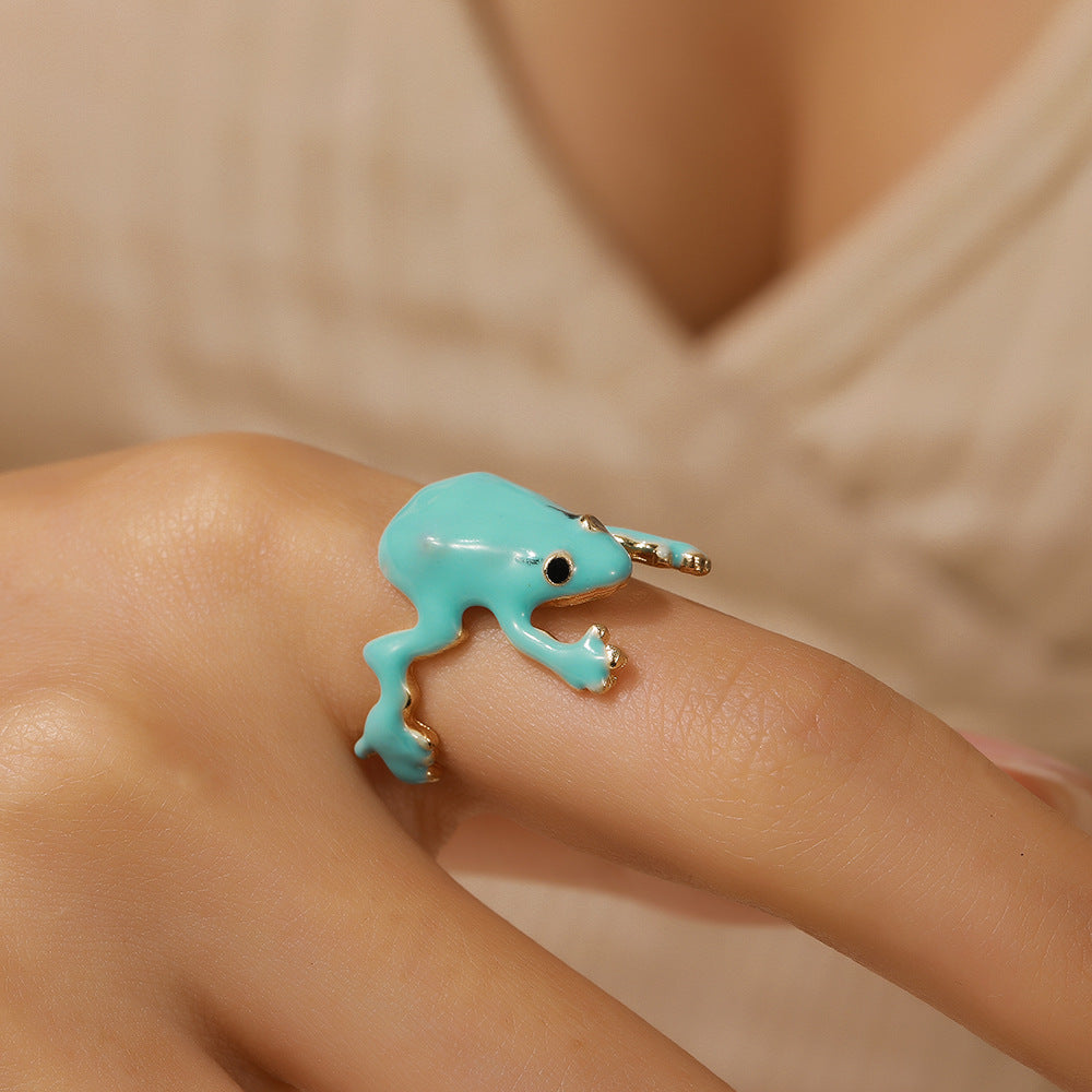 Sweet Geometric Green Drip Oil Frog Ring Adjustable Alloy Ring for Women