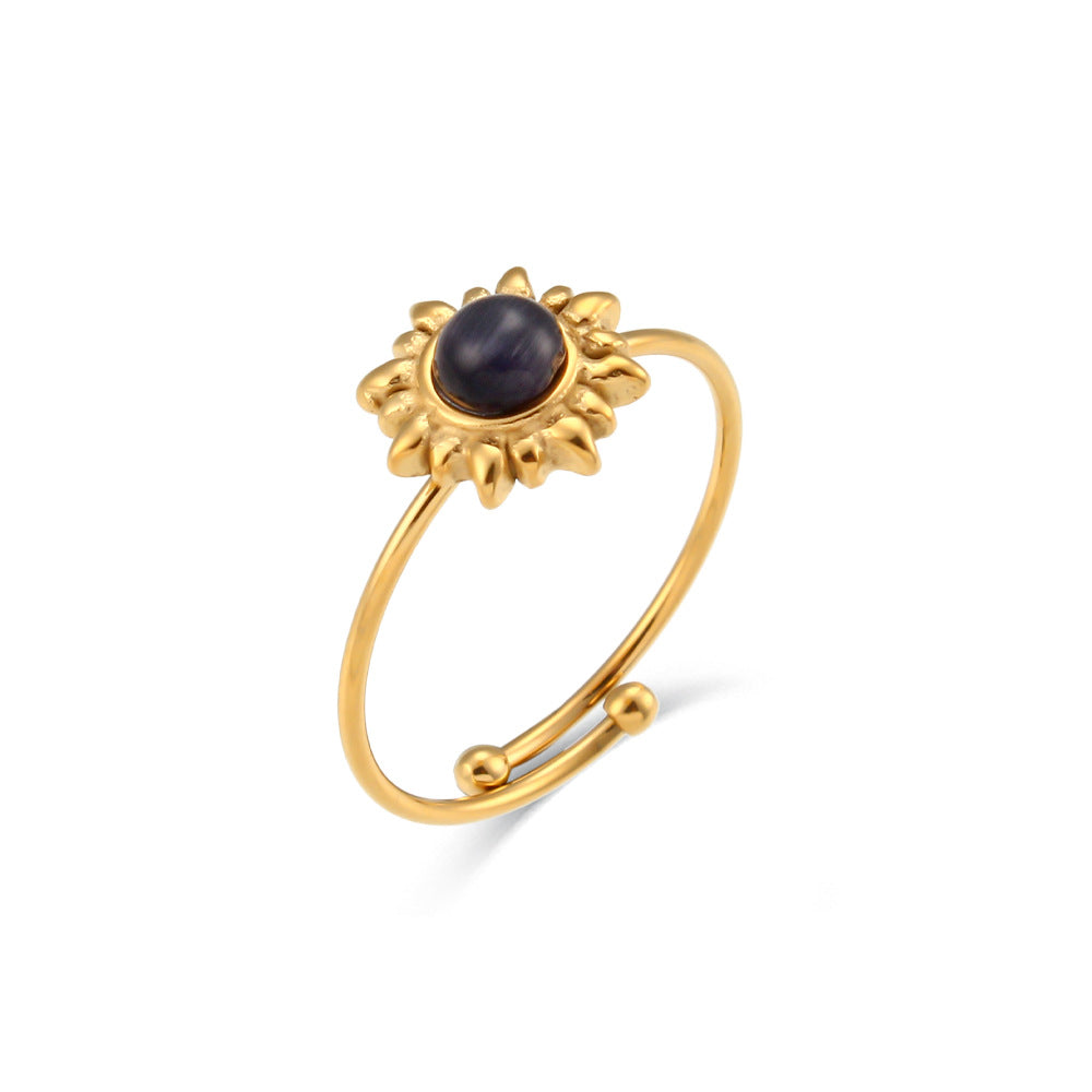 Anello da donna regolabile in acciaio inossidabile con agata nera e occhio di gatto, stile geometrico vintage alla moda