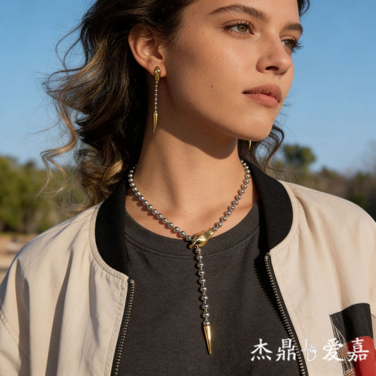 Minimalist Two-Tone Snake Shape Titanium Steel Y-Chain Necklace and Earring Set for Women