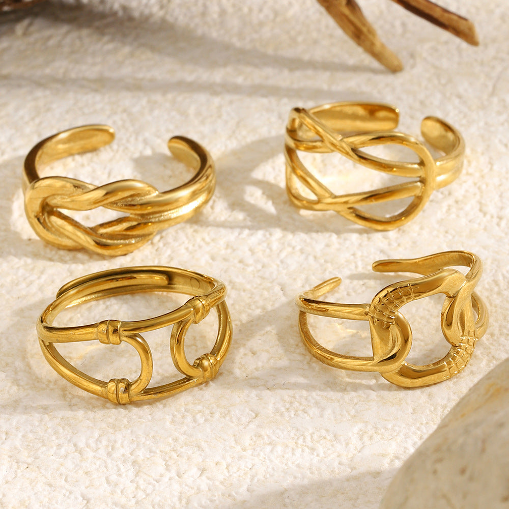 Minimalist 18K Gold Plated Stainless Steel Geometric Double Knot Open Ring for Women