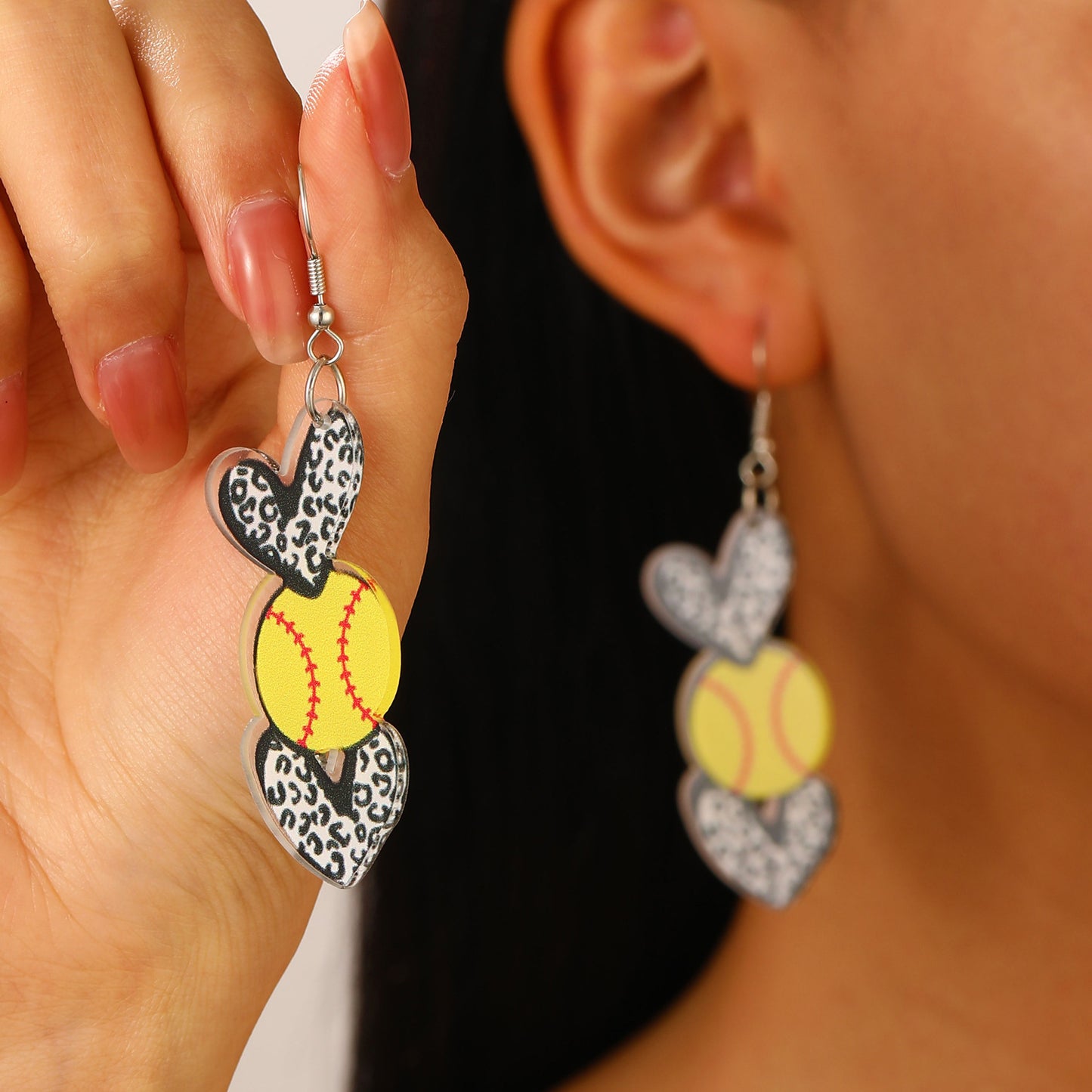 Vintage Acrylic Heart Stud Earrings with Sports Ball Print for Women