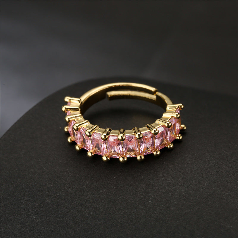 Anello in Rame con Forma Geometrica, Zirconi Micro-Incastonati, per Donna, con Fascia Aperta Regolabile Placcata Oro