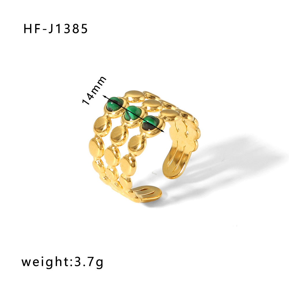 Vintage Geometric Round Emerald Green Natural Stone Stainless Steel Ring with 18K Gold Plating