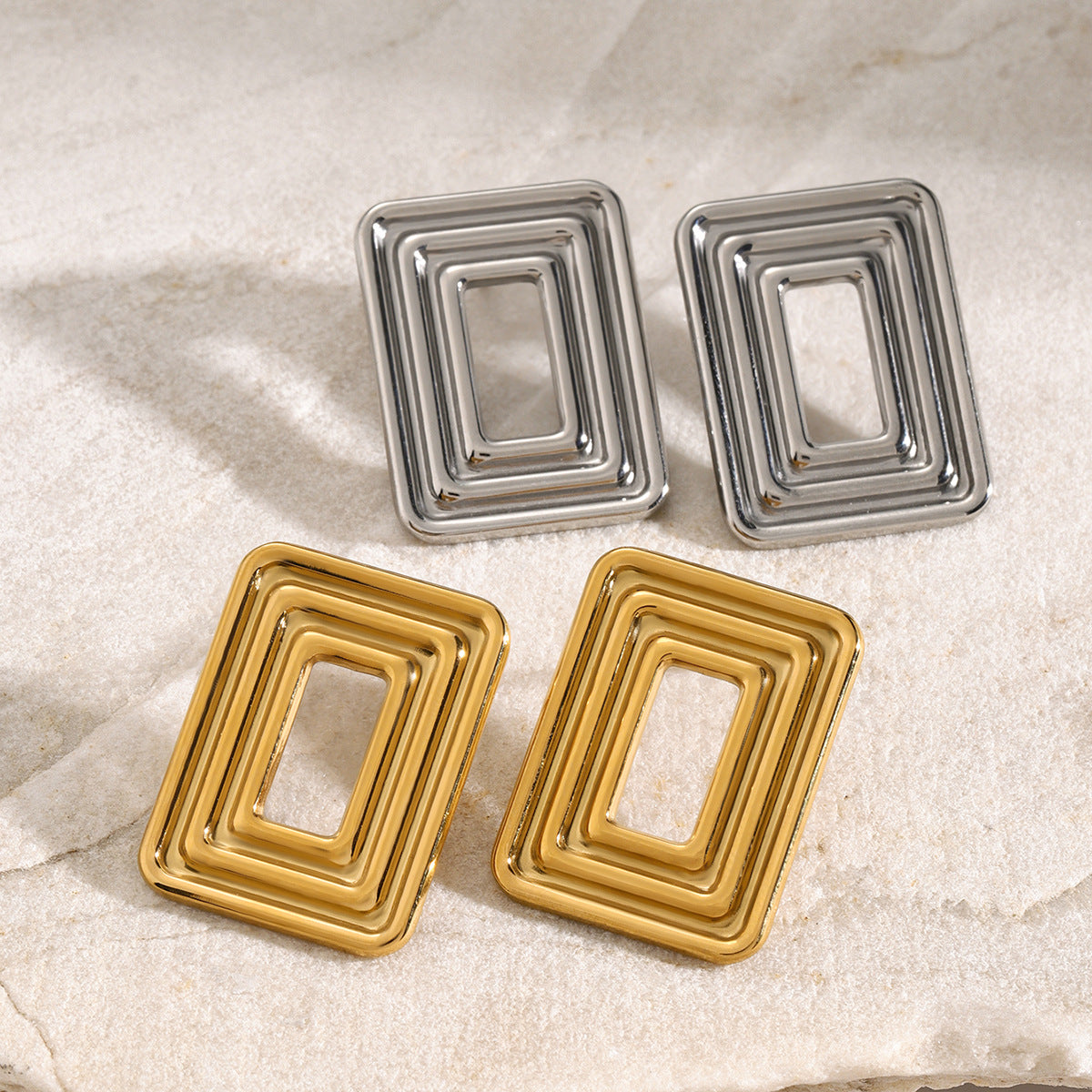 Minimalist Geometric 18K Gold Plated Stainless Steel Hollow Spiral Rectangle Earrings