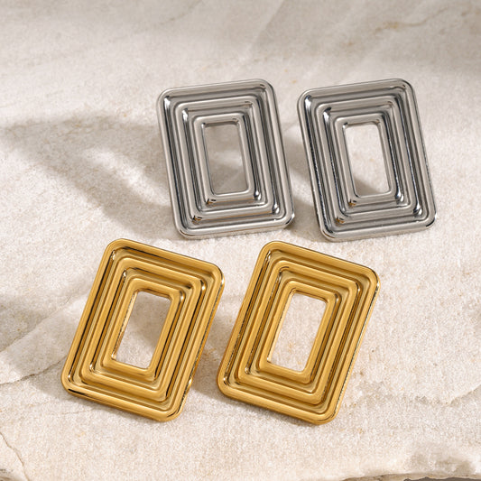 Minimalist Geometric 18K Gold Plated Stainless Steel Hollow Spiral Rectangle Earrings