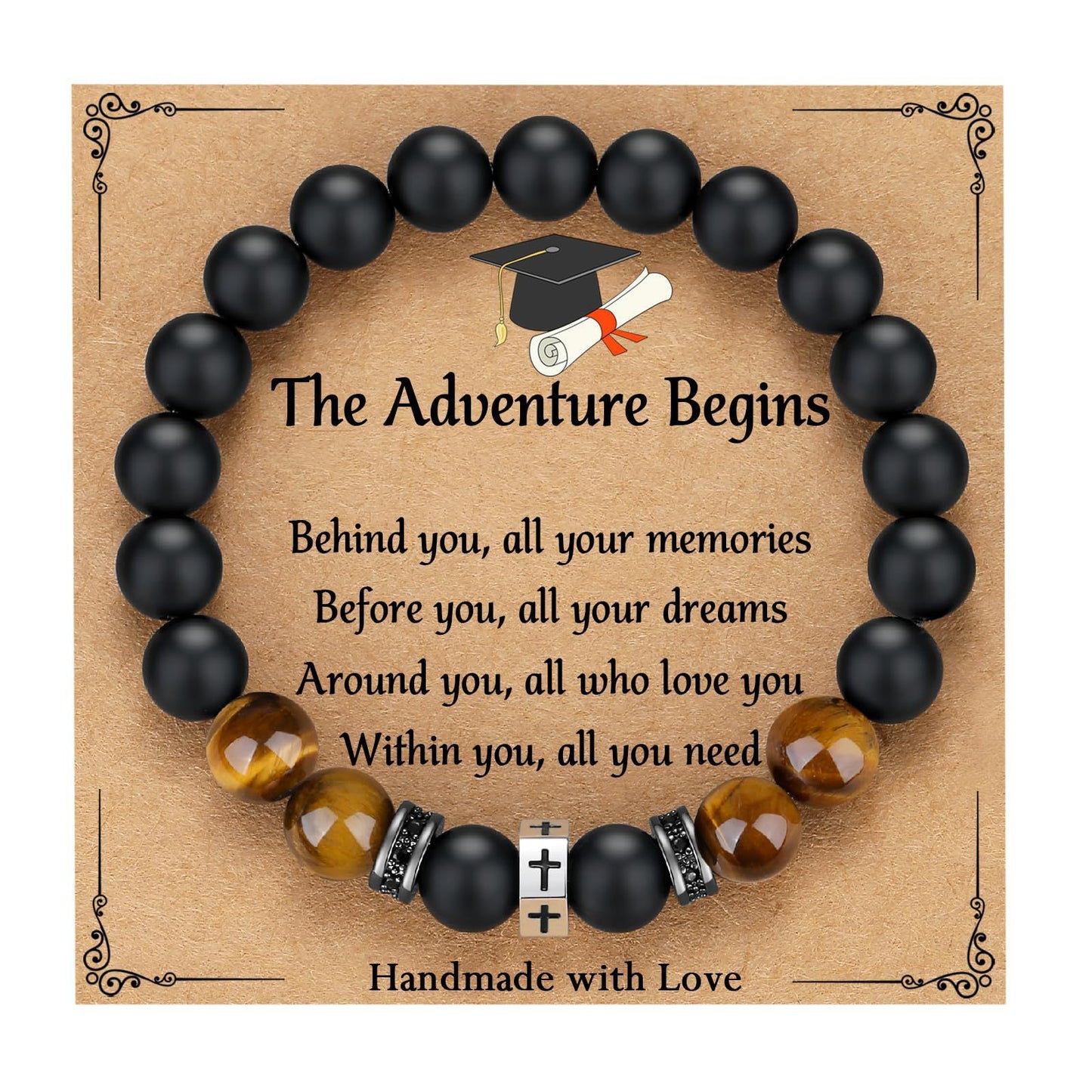 Matte Geometric Cross Tiger Eye Beaded Bracelet Stainless Steel Elastic Bangle