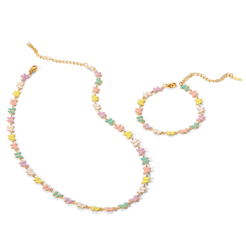 Fashionable Ins Style 18K Gold Plated Stainless Steel Enamel Butterfly Necklace Set for Women