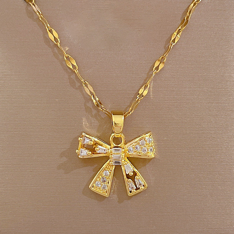 Luxury Titanium Steel Butterfly Pendant Necklace and Earrings Set with Rhinestone Inlay for Women Elegant Hollow Design for Formal Events