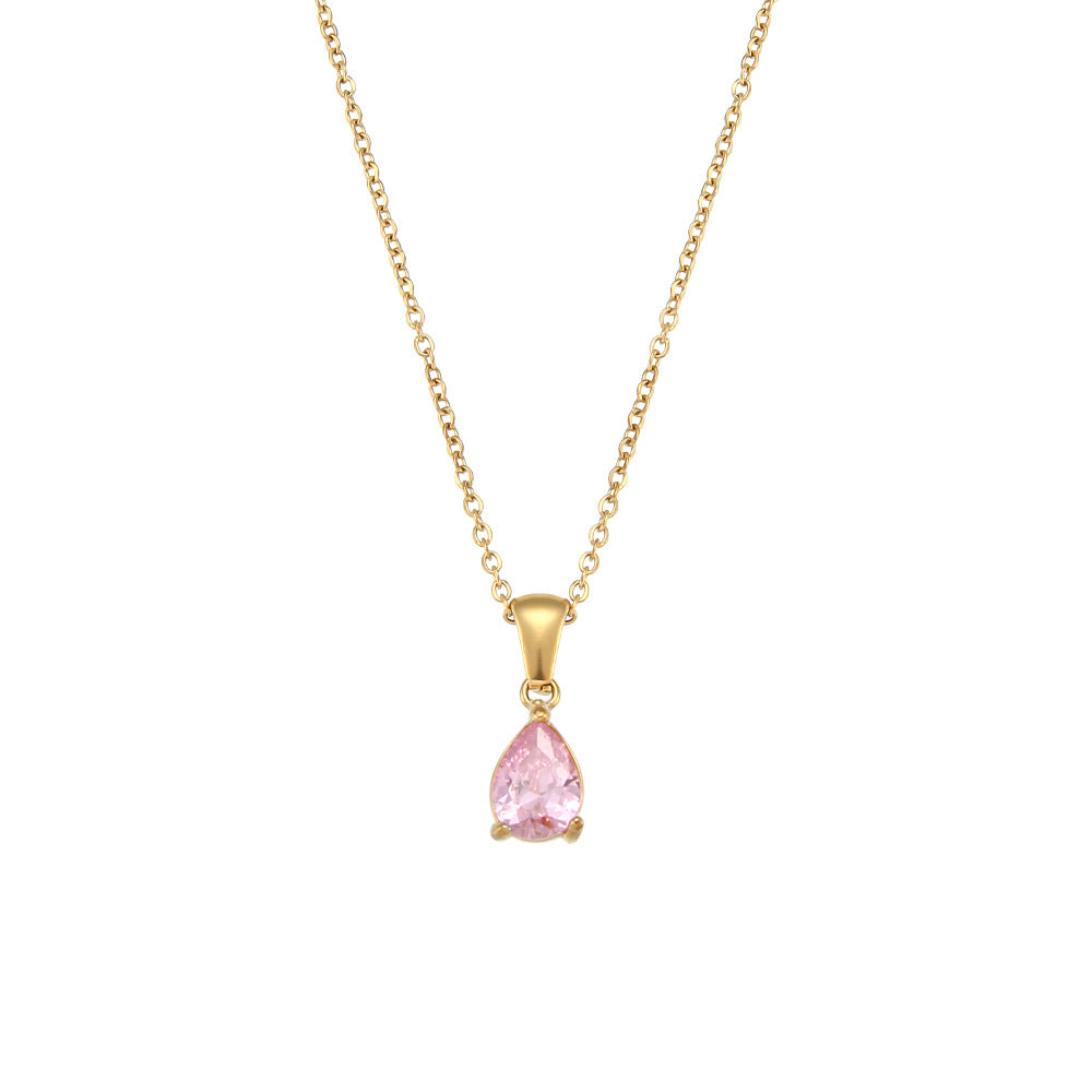 Minimalist Geometric Teardrop Zircon Pendant Necklace in Stainless Steel with 18K Gold Plating for Women