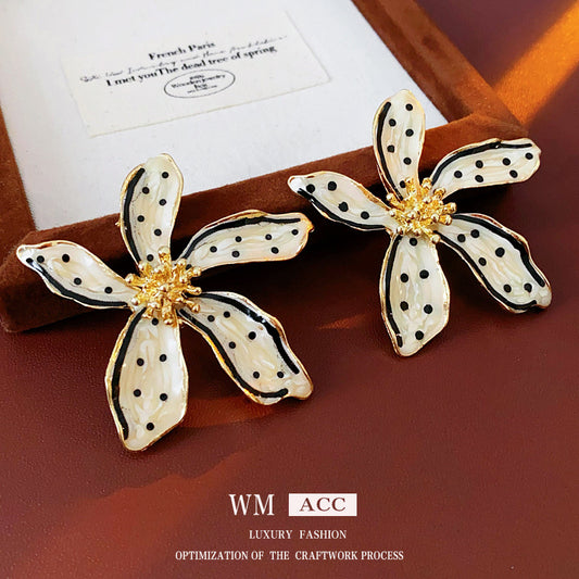 Vintage Floral Polka Dot Enamel Dangle Earrings in Alloy with Stainless Steel Posts for Women