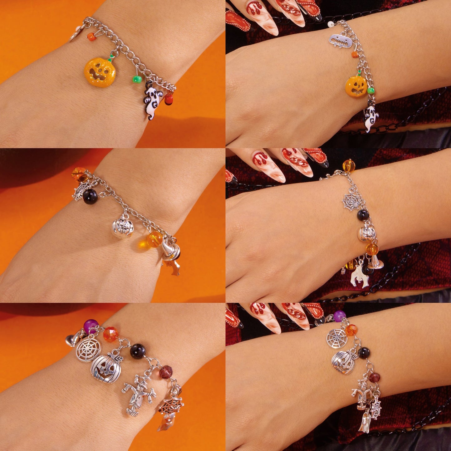 Cadena de mano con temática de Halloween con dije de espantapájaros, calabaza, fantasma, telaraña, pulsera de moda unisex electrochapada de aleación con cadena de serpiente para regalo de festival