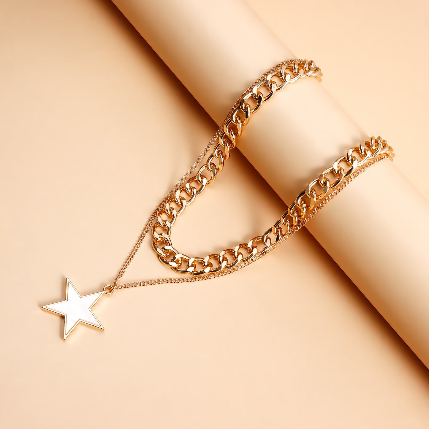 Minimalist Two-Tier White Five-Pointed Star Pendant Necklace with Electroplated Metal Chain for Women
