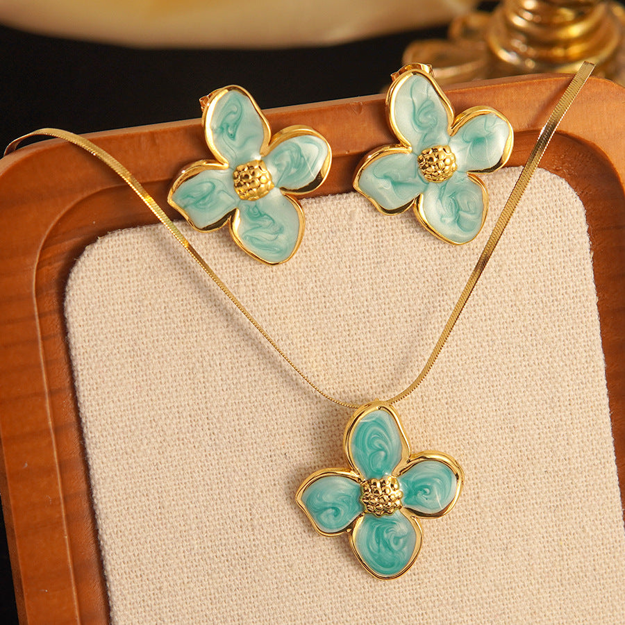 Set di collana e orecchini in acciaio inossidabile Sweet Drip Oil Plant con catena a serpente
