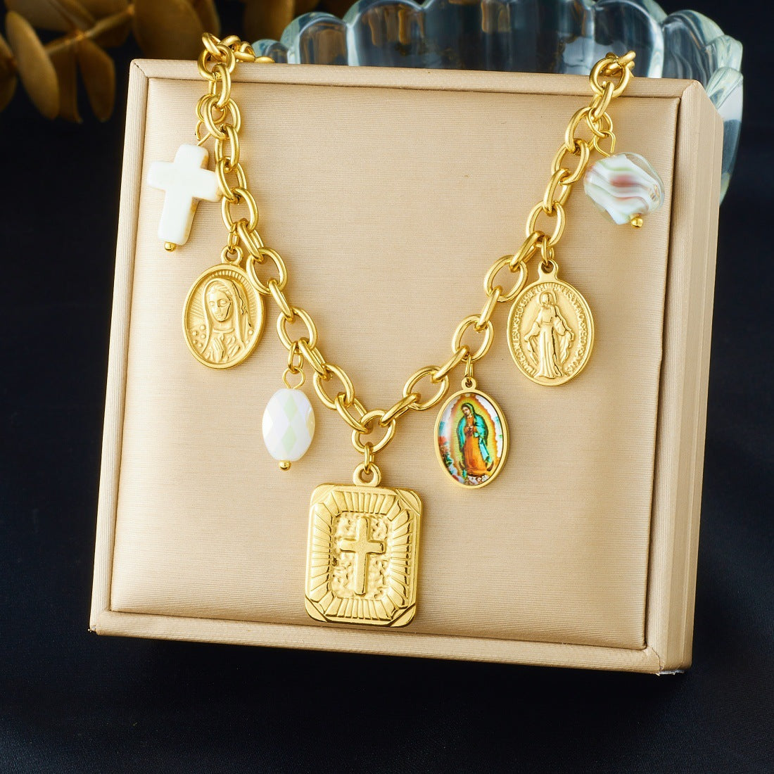 Vintage Elegant Gold Plated Stainless Steel Cross and Round Pendant Necklace Set with Cable Chain for Women