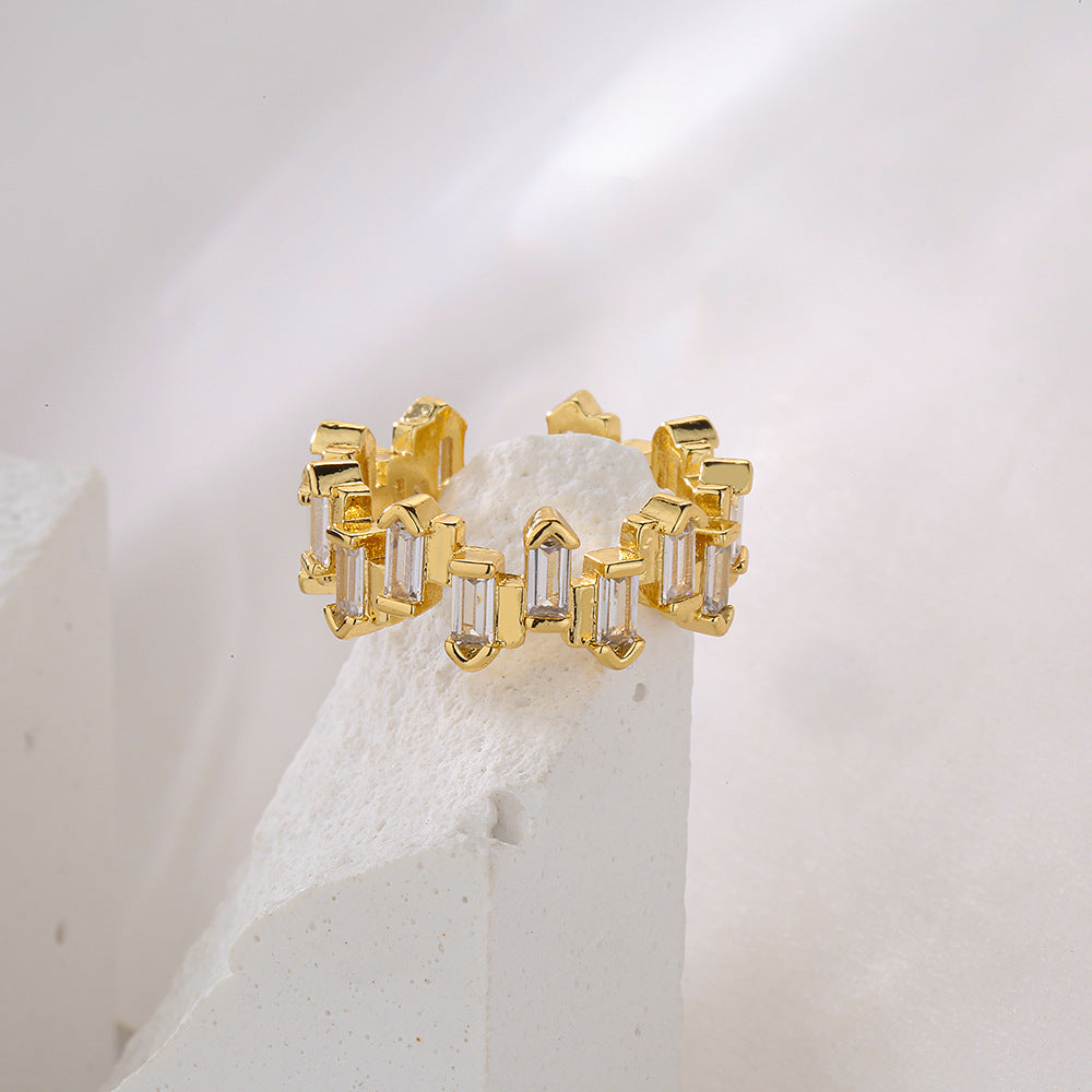Minimalist Geometric Open Ring in Copper with Gold Plating and Micro-Paved Zirconia for Women