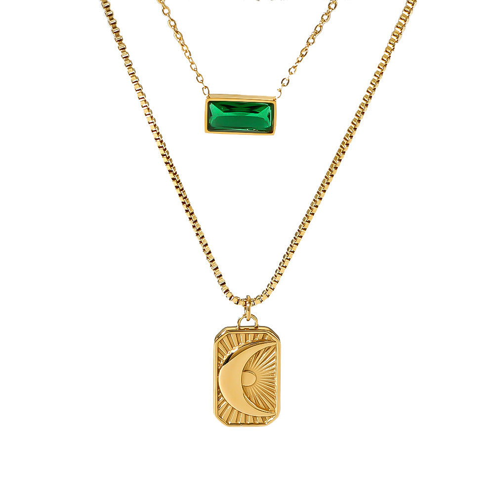 Collana Minimalista con Ciondolo Luna e Sole in Acciaio Inox Geometrico a Doppio Strato con Catena a O per Donna