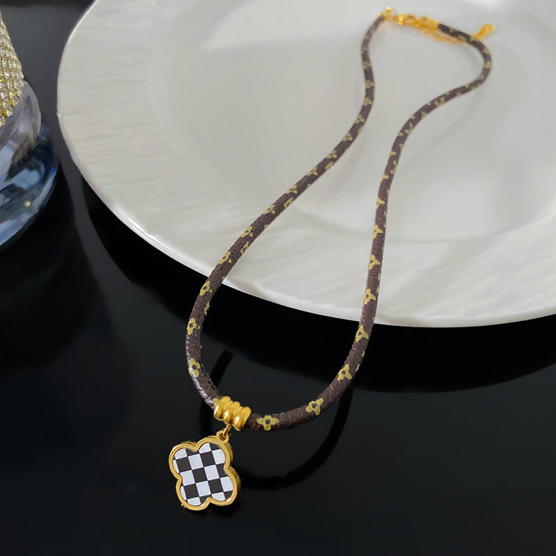 Vintage Geometric Checkered Stainless Steel Clover Pendant Leather Necklace Unisex