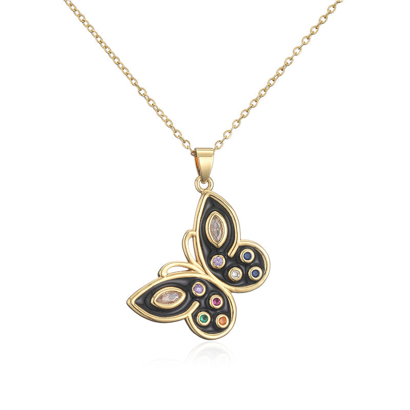 Butterfly Drip Oil Gold Plated Brass Micro-set Cubic Zirconia Necklace with Box Chain