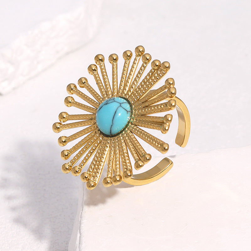 Anello aperto da donna minimalista placcato oro 18 carati in acciaio inossidabile con motivo floreale a dente di leone