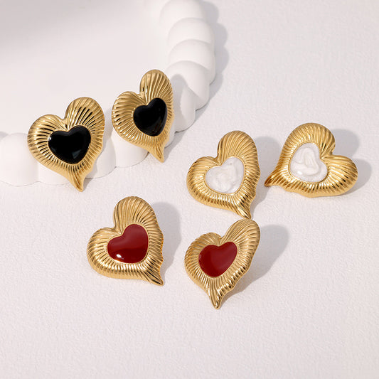 Pendientes de corazón retro estilo francés de acero inoxidable con baño de oro para mujer