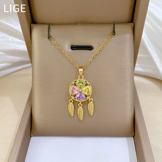 Collar con colgante de trébol de la suerte para mujer, de acero inoxidable, diseño geométrico con incrustaciones de diamantes de imitación, elegante cadena a la clavícula