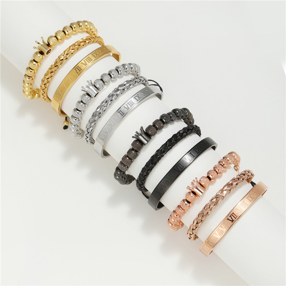 Vintage Crown Geometric Micro-inlay Stainless Steel Mesh Open Cuff Bracelet Set for Unisex