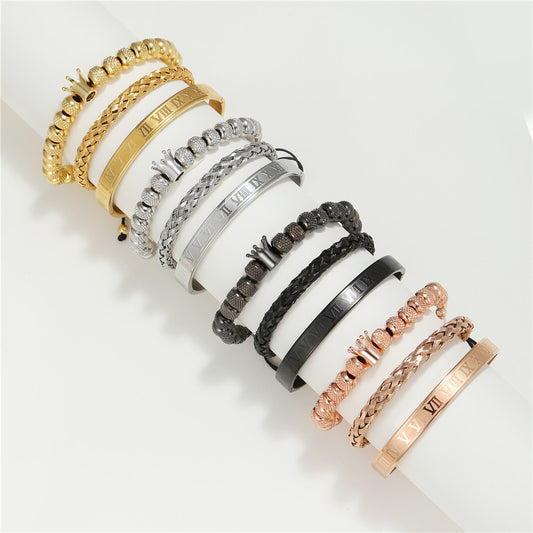 Vintage Crown Geometric Micro-inlay Stainless Steel Mesh Open Cuff Bracelet Set for Unisex