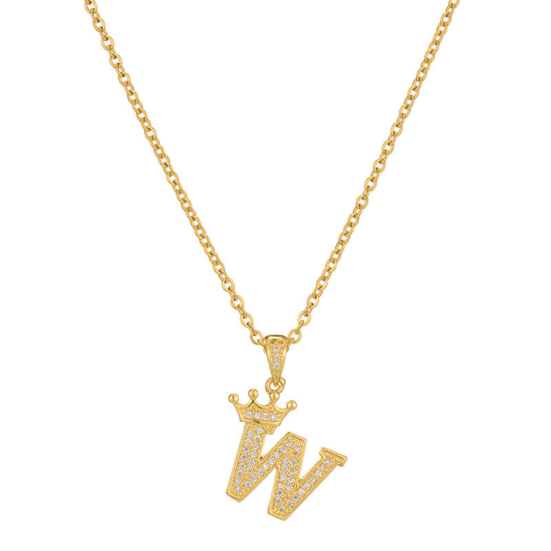Collana da donna in acciaio inossidabile a forma di corona, minimalista, con zirconi cubici micro-pavé e charm a lettera