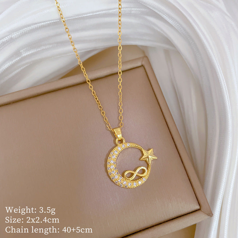 Collana con pendente a stella e luna in strass di lusso per donna in acciaio al titanio, catena sottile per clavicola, design geometrico
