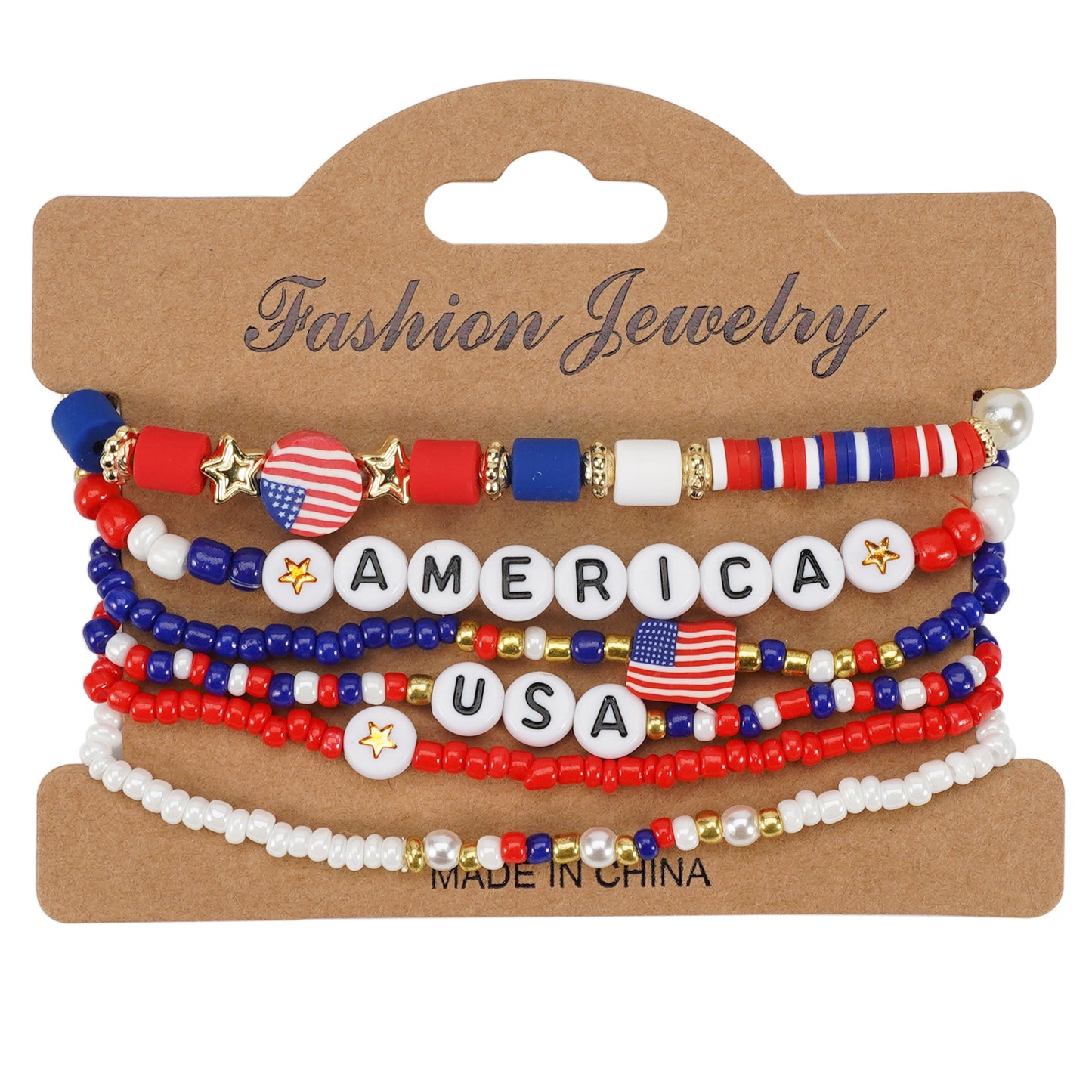 Geometric Resin Beaded Bracelet Red White Blue Patriotic Design Unisex