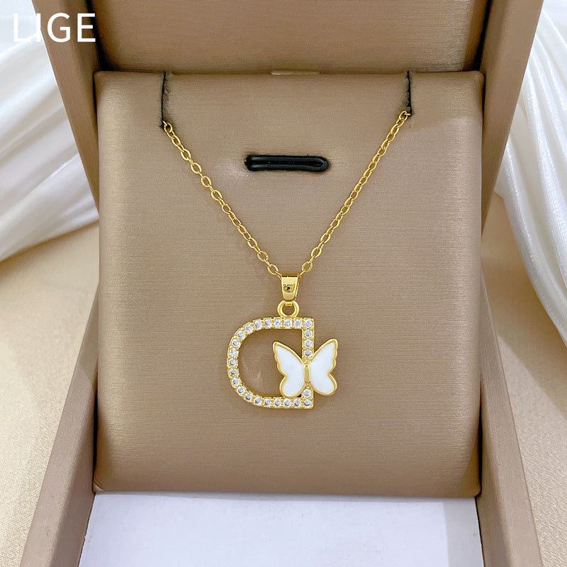Sweet Minimalist Butterfly Geometric Rhinestone Pendant Titanium Steel Necklace for Women and Men