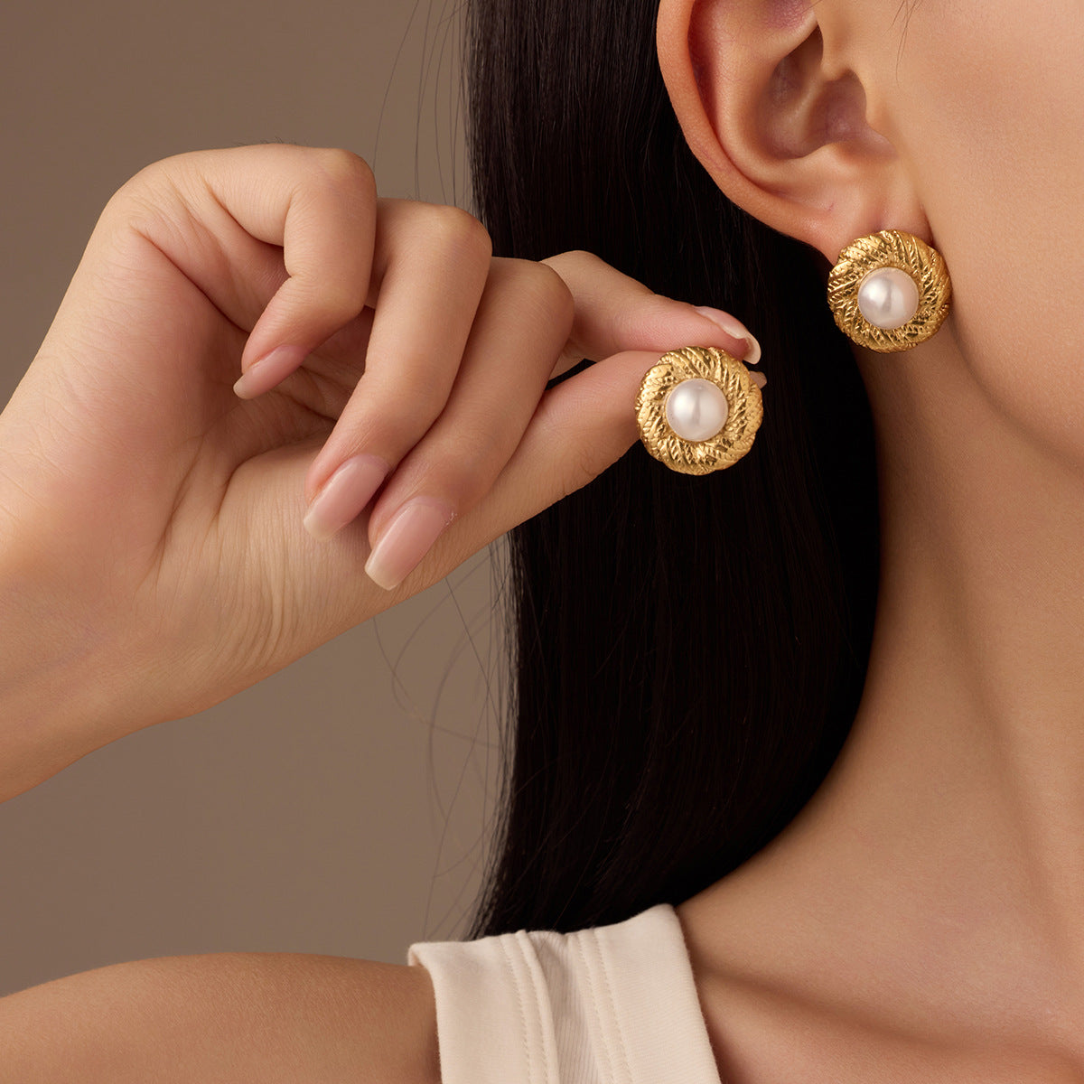 Vintage Geometric Stainless Steel Stud Earrings with Pearl Inlay for Women