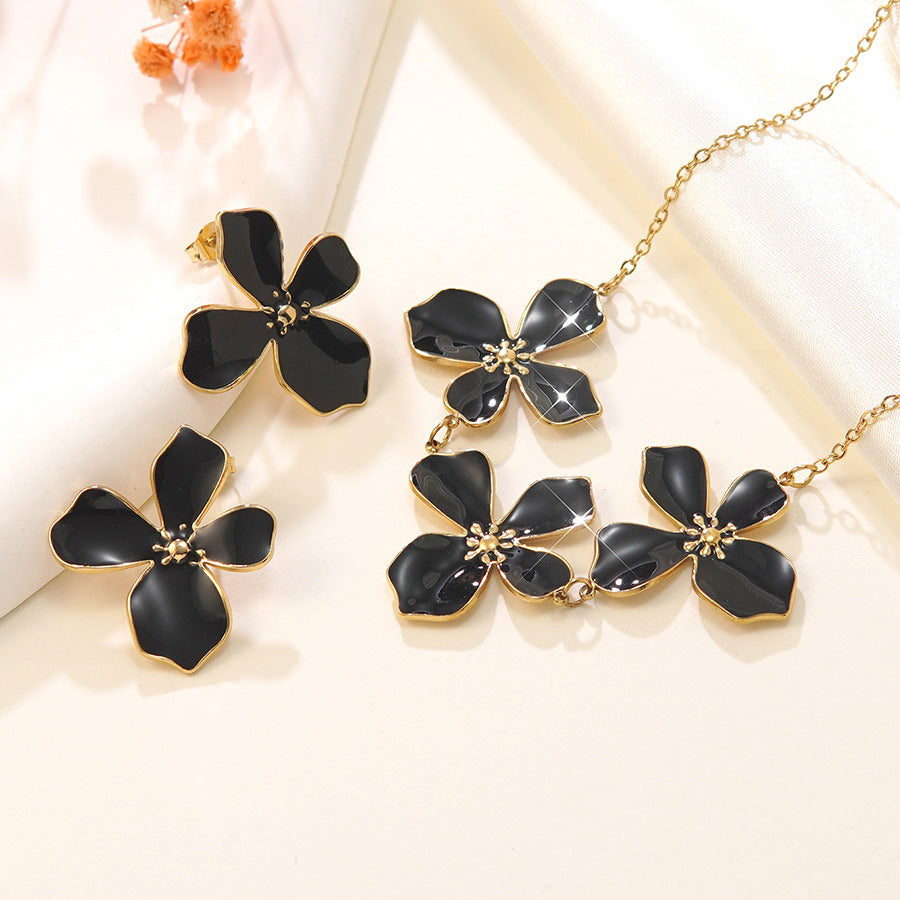 Vintage Sweet Drip Oil Floral Stainless Steel Necklace and Earring Set for Women