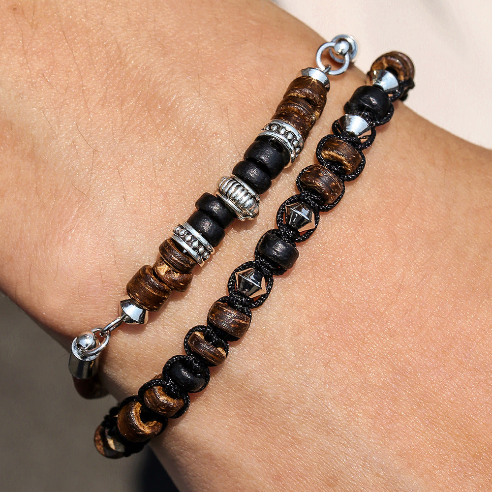 Vintage Bohemian Geometric Round Black Agate and Turquoise Beaded Stretch Bracelet for Men and Women