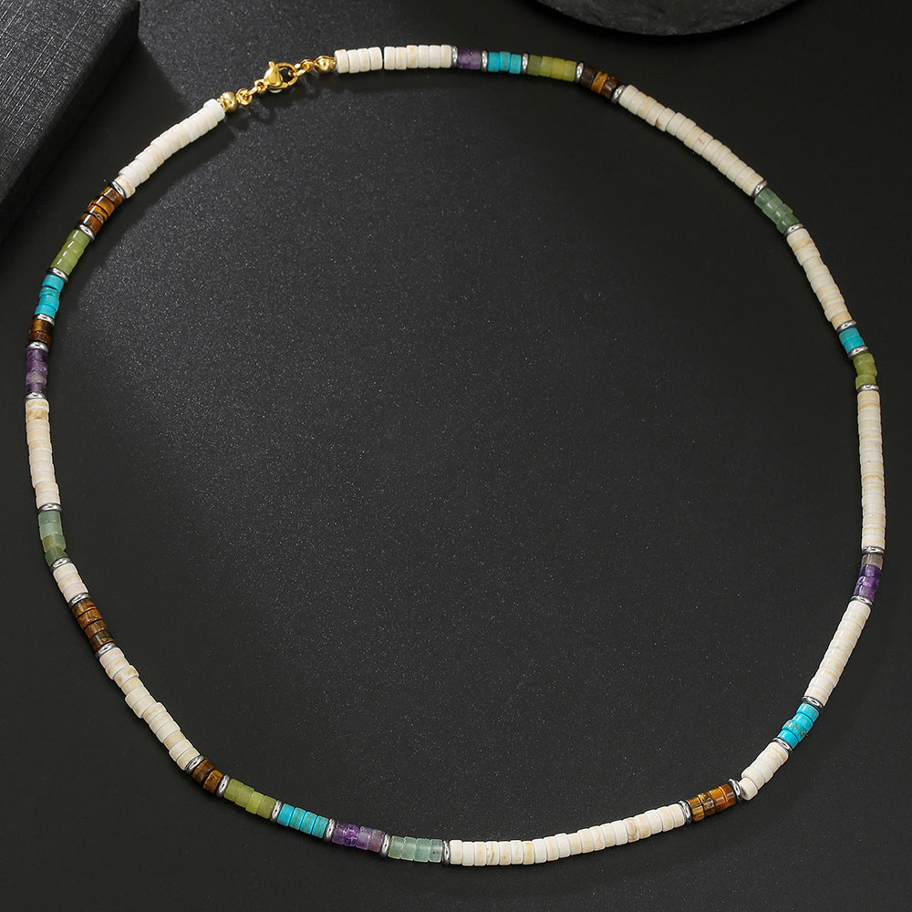 Unique Geometric Colorful Natural Gemstone and Wood Beaded Necklace Stainless Steel Cable Chain for Men and Women