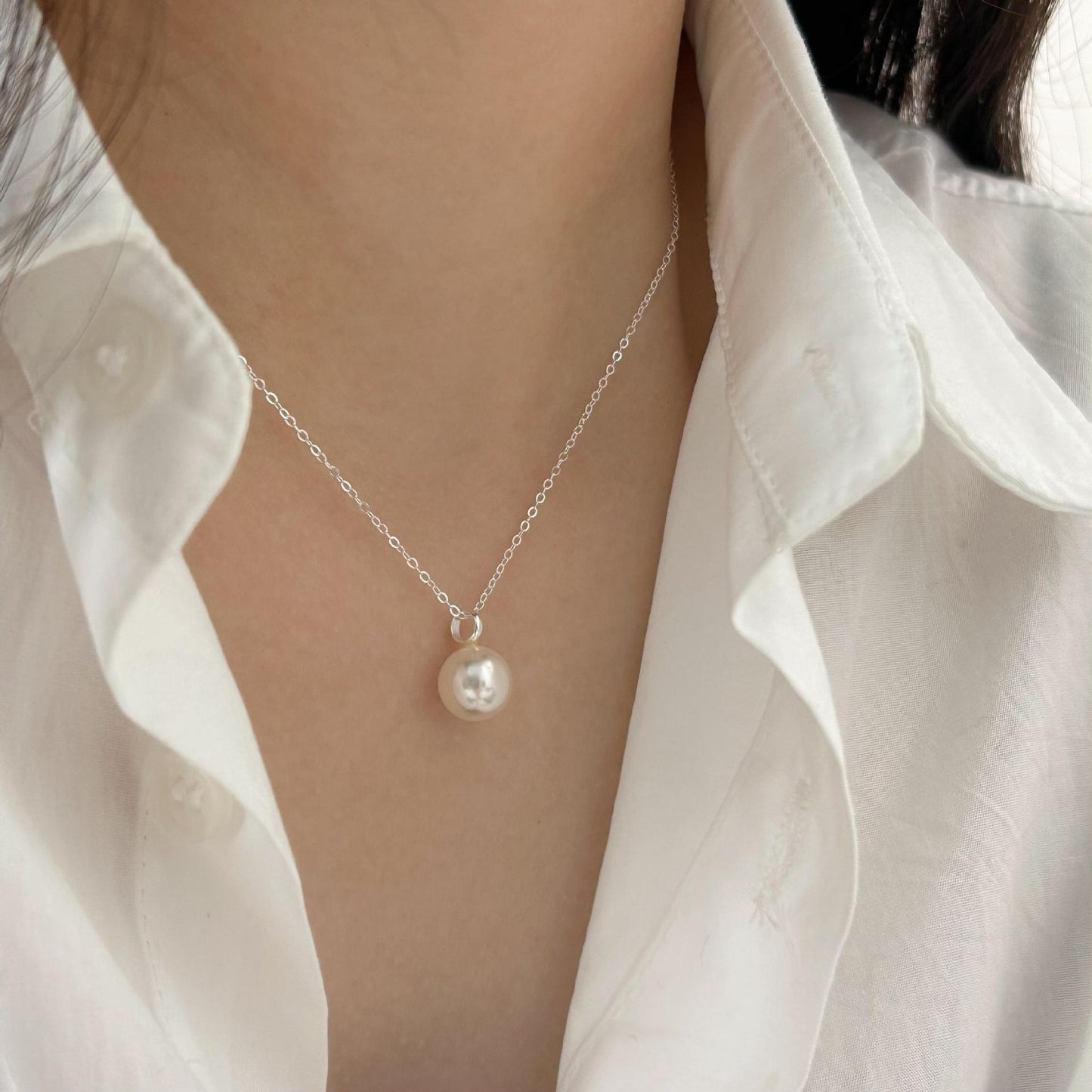 Minimalist Geometric Pearl Necklace in 925 Sterling Silver with Gold Plating on Cross Chain
