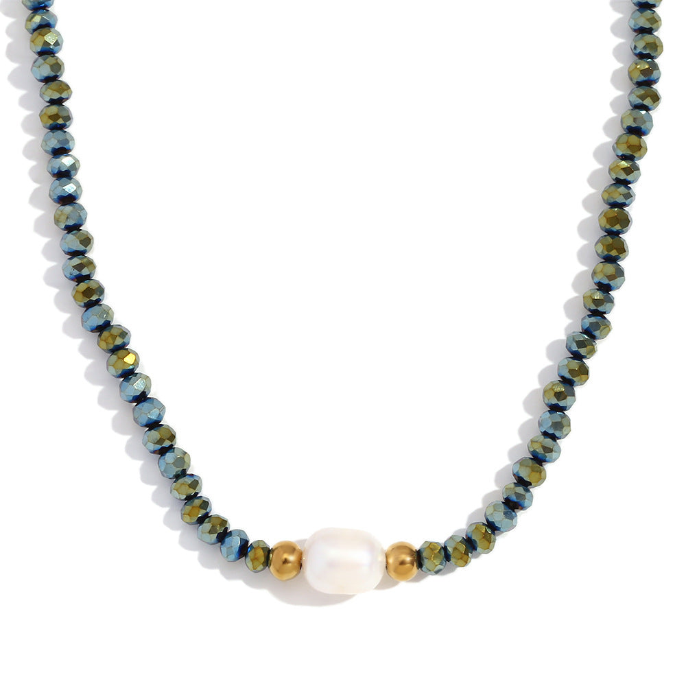 Collar con colgante vintage minimalista geométrico de acero inoxidable con perlas de agua dulce y cuentas de cristal oscuro para mujer