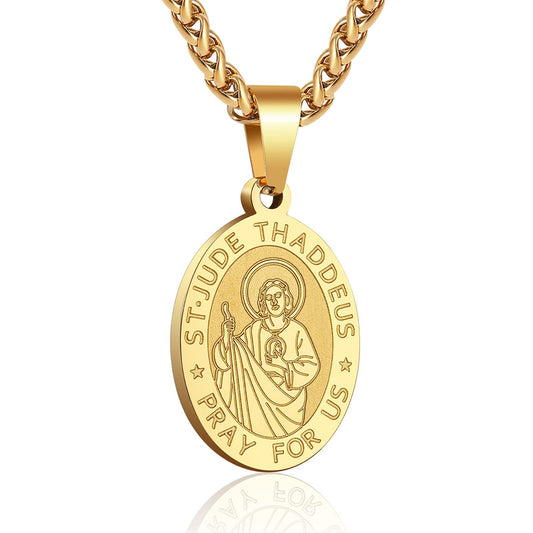 Collar con dije de medalla de San Judas geométrico minimalista para mujer en acero inoxidable con acabado chapado