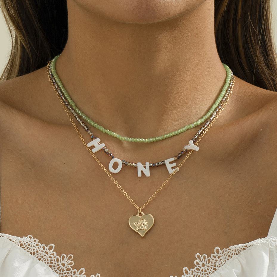 Minimalist Honey Letter Layered Necklace with Heart Shape Pendant, Alloy Chain, Electroplated Finish, Bohemian and Rustic Inspired
